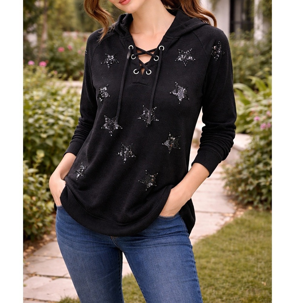 INC International Concepts Black Sequin Star Hoodie Sparkles And Lace Up Front